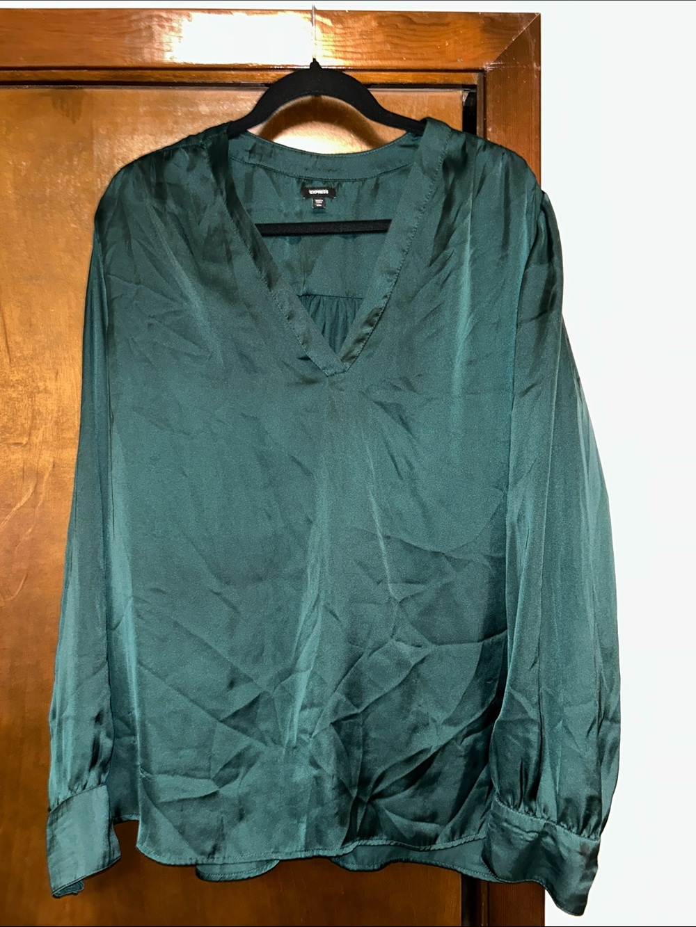 Express Emerald Green Satin V-Neck Blouse